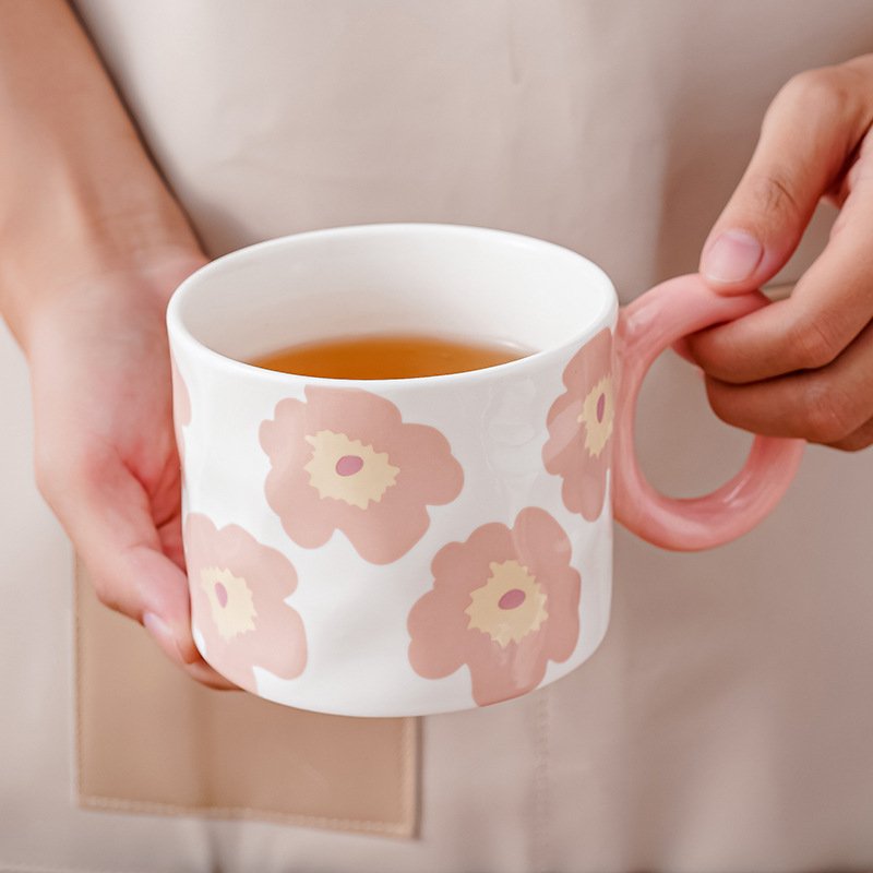 Ins Creative hand painted flower ceramic mug Big ears home office coffee mug