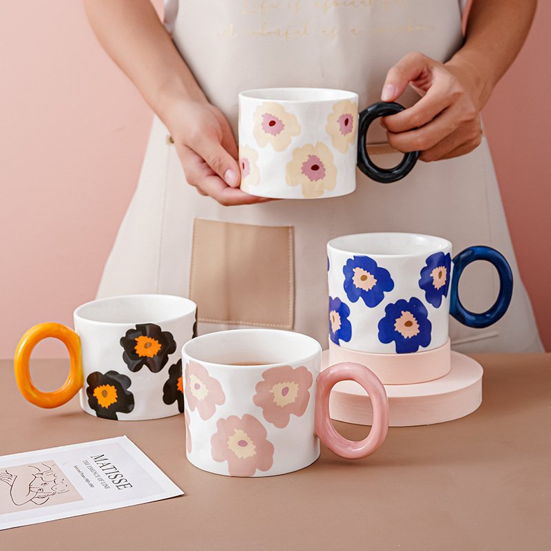 Ins Creative hand painted flower ceramic mug Big ears home office coffee mug