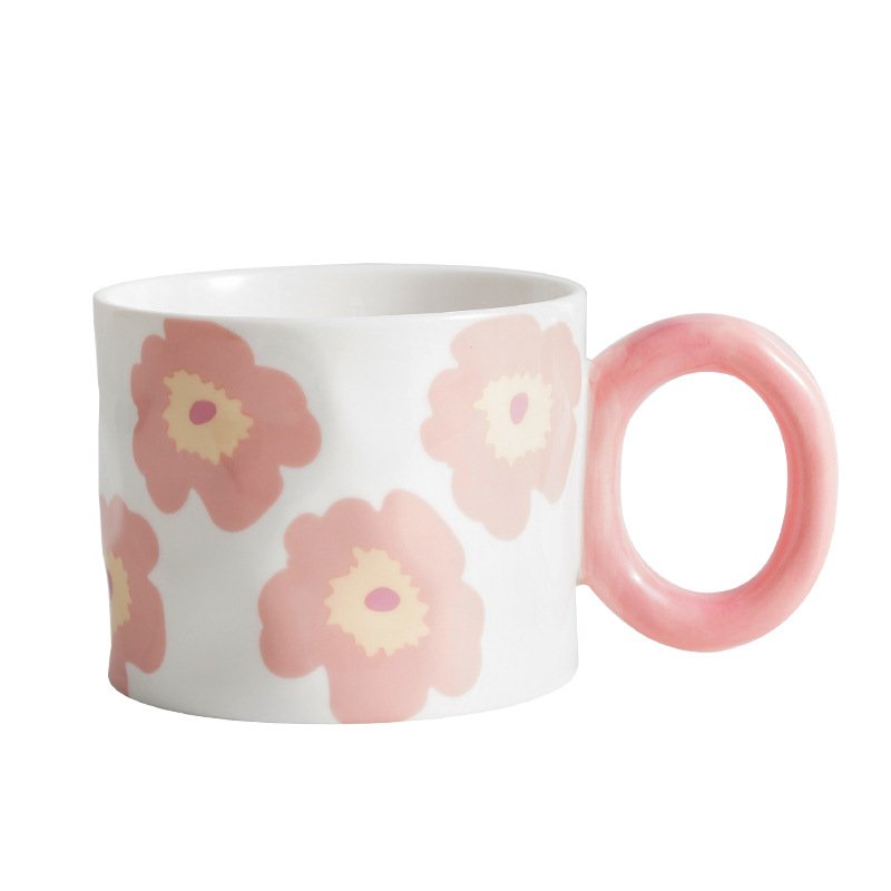 Ins Creative hand painted flower ceramic mug Big ears home office coffee mug