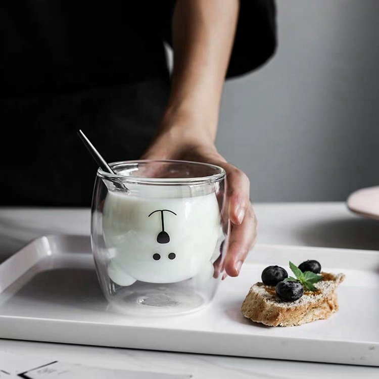 hot sale Hand Blown clear borosilicate Double Wall Glass Coffee Cup Cute Bear glass cup animal shaped glass cup