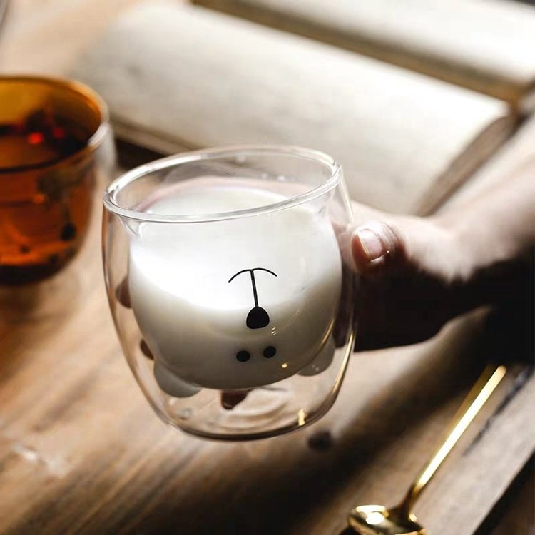 hot sale Hand Blown clear borosilicate Double Wall Glass Coffee Cup Cute Bear glass cup animal shaped glass cup