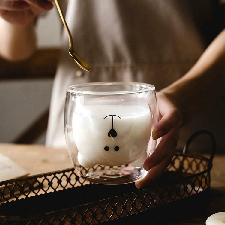 hot sale Hand Blown clear borosilicate Double Wall Glass Coffee Cup Cute Bear glass cup animal shaped glass cup
