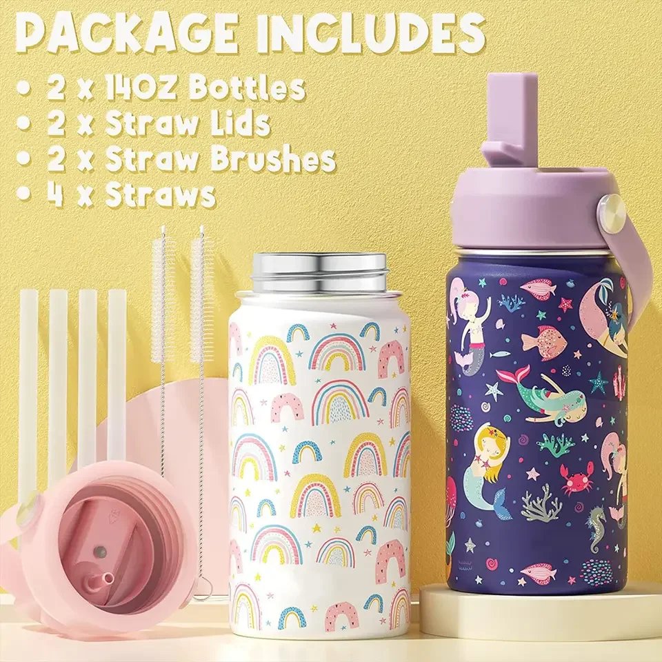 Hot Seller 12oz Double Wall Insulated Flask Stainless Steel Water Bottle for Kids with Straw Topper