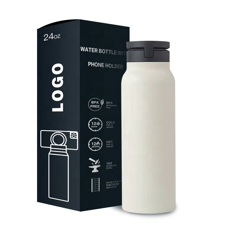 24oz Stainless Steel Drink Vacuum Flask Magnetic Phone Holder Hot and Cold Water Bottle