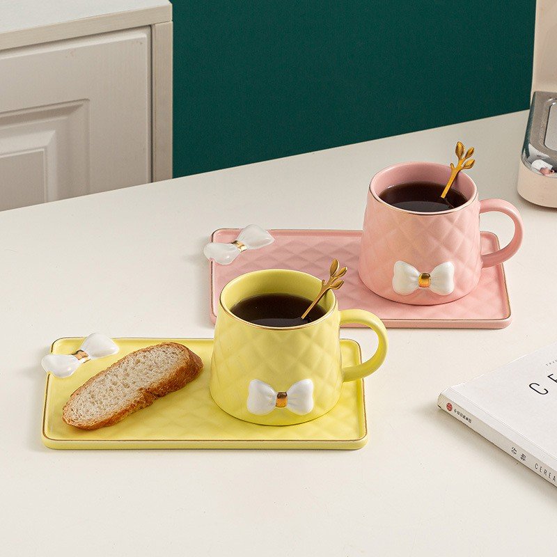 ZOGIFTS Nordic Bow Embossed Tea Cups and Saucer Sets Ceramic Sublimation Coffee Mugs Custom Logo for Hotel Cafe Afternoon