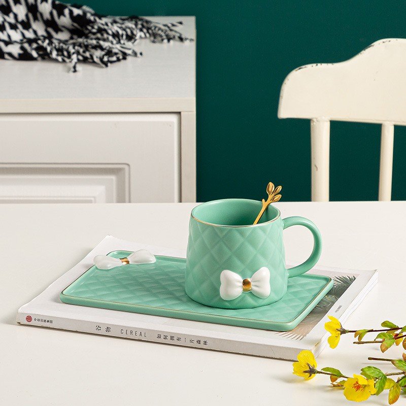 ZOGIFTS Nordic Bow Embossed Tea Cups and Saucer Sets Ceramic Sublimation Coffee Mugs Custom Logo for Hotel Cafe Afternoon