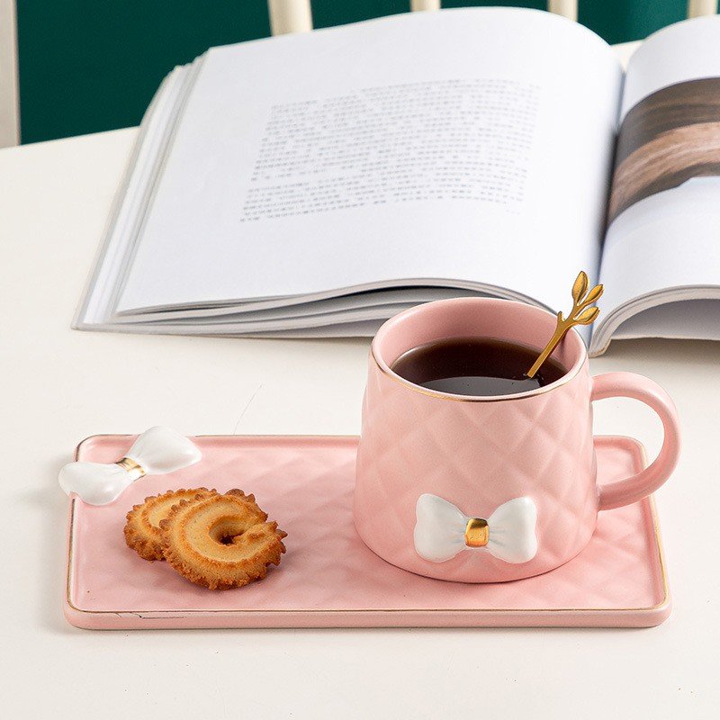 ZOGIFTS Nordic Bow Embossed Tea Cups and Saucer Sets Ceramic Sublimation Coffee Mugs Custom Logo for Hotel Cafe Afternoon