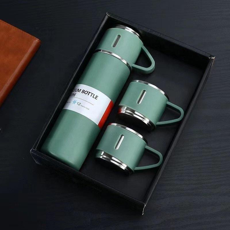 Custom Logo Vacuum Flask and 2 Cups Set Stainless Steel Travel Thermal Mug LED Light Source Bottle Shape for Water Gift