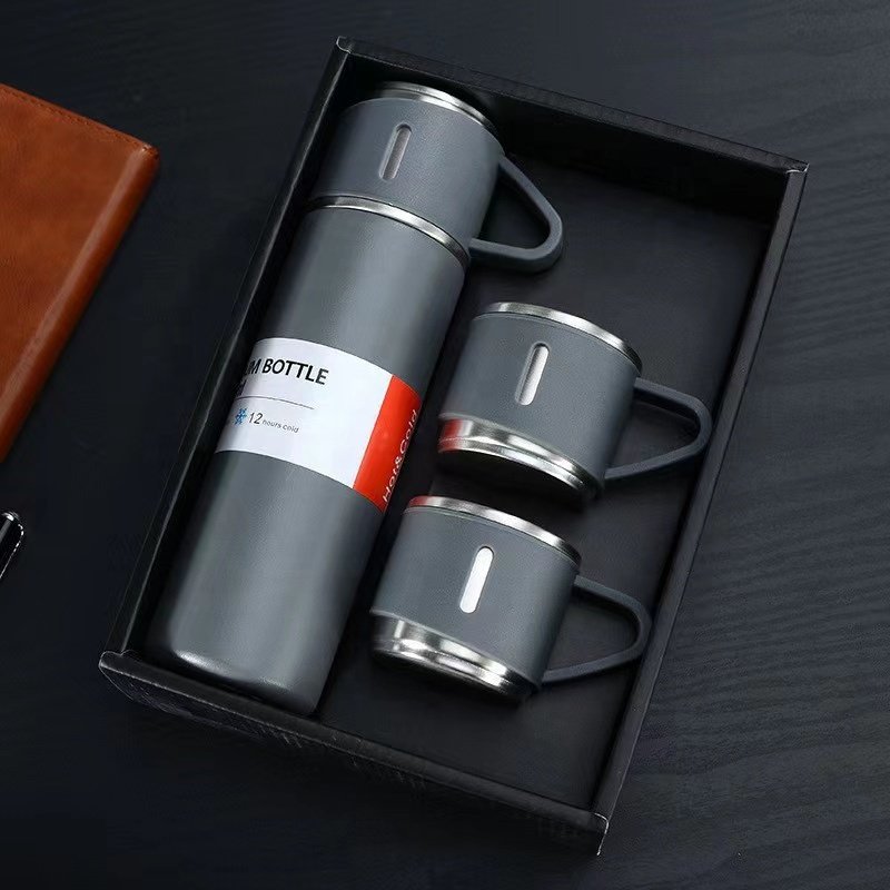 Custom Logo Vacuum Flask and 2 Cups Set Stainless Steel Travel Thermal Mug LED Light Source Bottle Shape for Water Gift