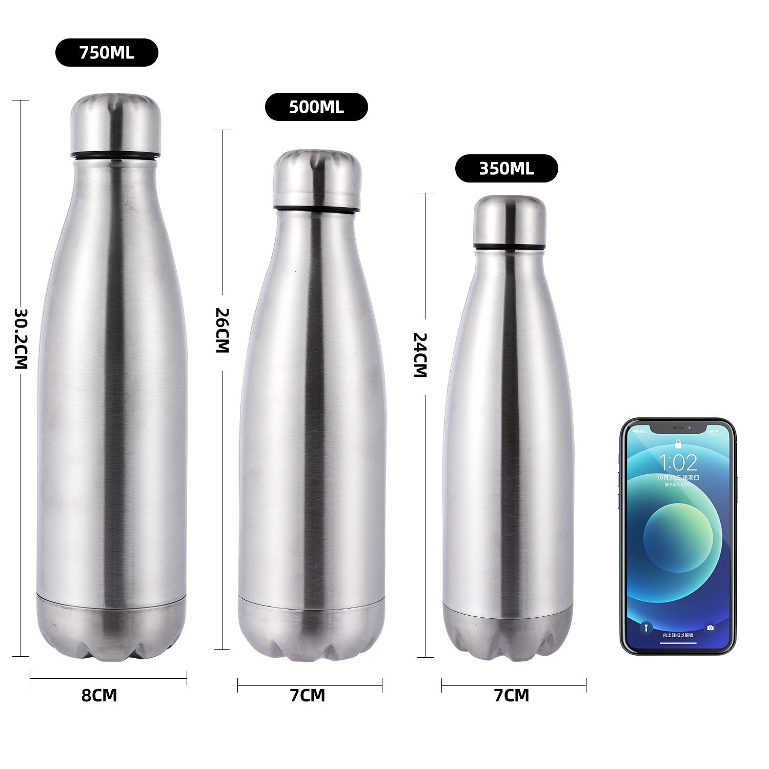 Custom Logo Water Bottle Double Wall 18/8 Stainless Steel Vacuum Insulated Sports Flask