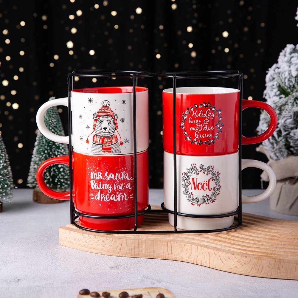 Christmas ceramic OEM porcelain 4pcs in set stacking coffee cup custom mug with iron stand