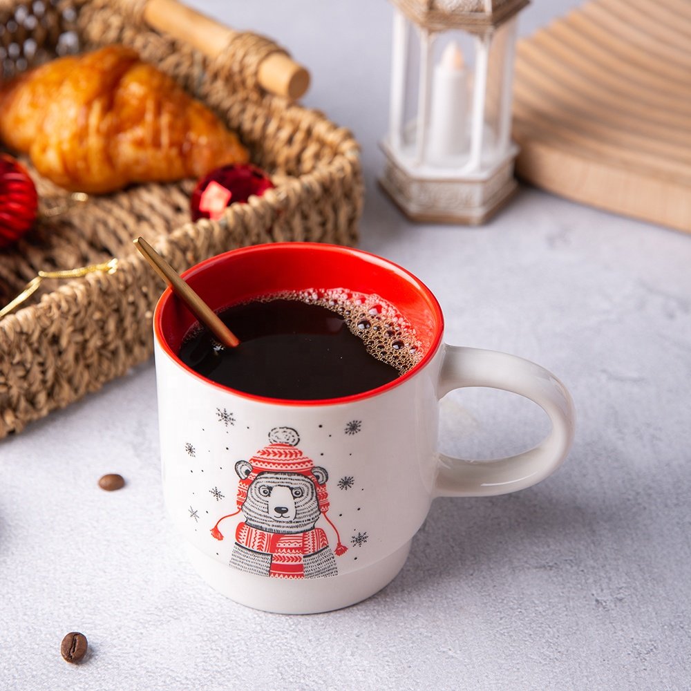Christmas ceramic OEM porcelain 4pcs in set stacking coffee cup custom mug with iron stand