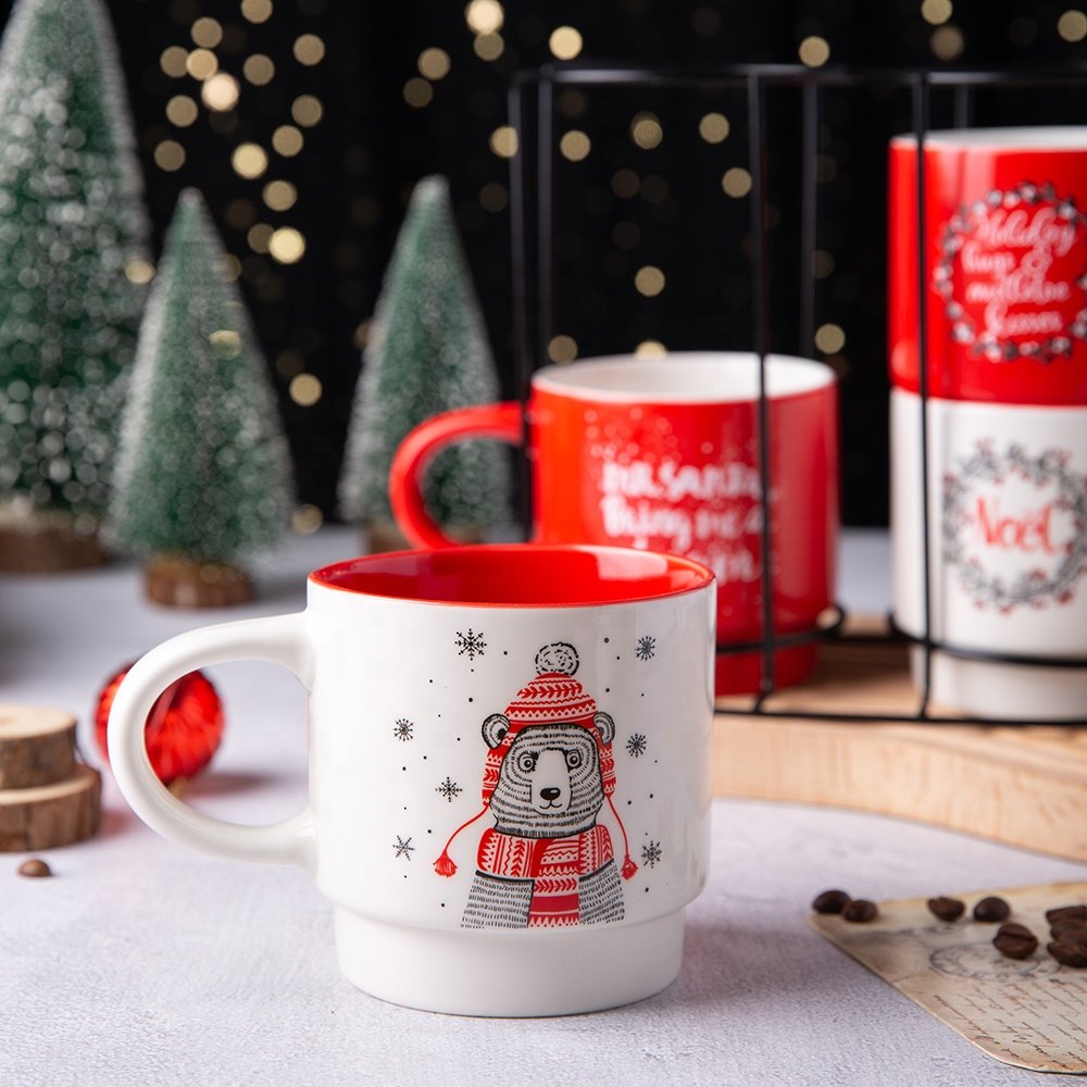 Christmas ceramic OEM porcelain 4pcs in set stacking coffee cup custom mug with iron stand