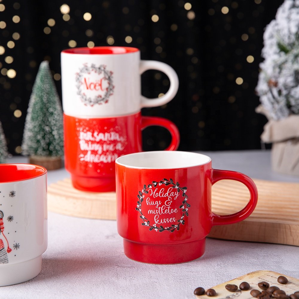 Christmas ceramic OEM porcelain 4pcs in set stacking coffee cup custom mug with iron stand