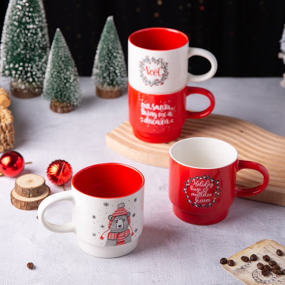 Christmas ceramic OEM porcelain 4pcs in set stacking coffee cup custom mug with iron stand