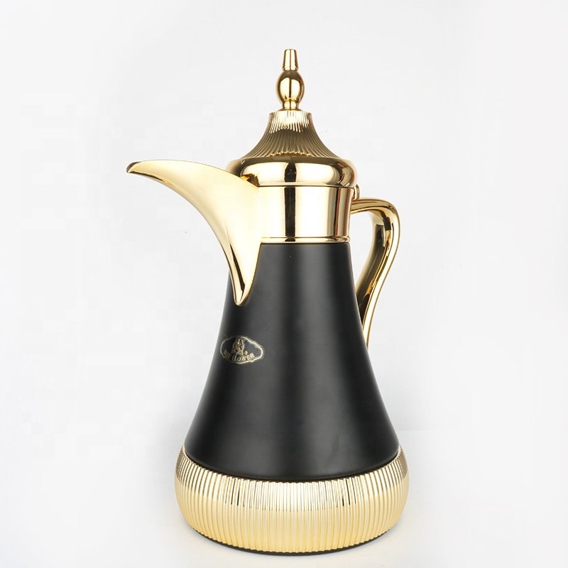 NEW ARRIVAL ARABIC STYLE BLACK GOLDEN COLOR 700ml LONG MOUTH PINK GLASS LINER VACUUM FLASK JUG DALLAH
