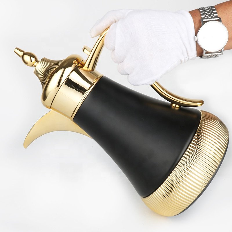 NEW ARRIVAL ARABIC STYLE BLACK GOLDEN COLOR 700ml LONG MOUTH PINK GLASS LINER VACUUM FLASK JUG DALLAH