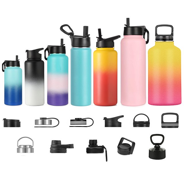 Wholesale Customizable 18oz 32oz 64ozMetal Insulated Stainless Steel Vacuum Flask Thermos Travel Water Bottle with Straw and Lid