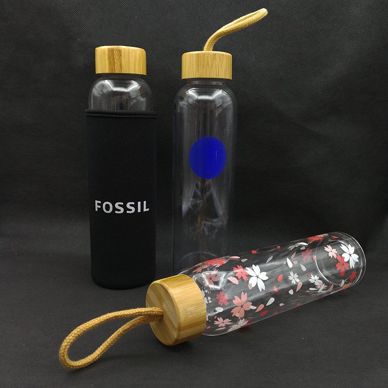 500ml 750ml 1000ml Bamboo Lid Leakage Proof Heat Resistance Customized Clear Borosilicate Glass Water Bottle with Time Marker