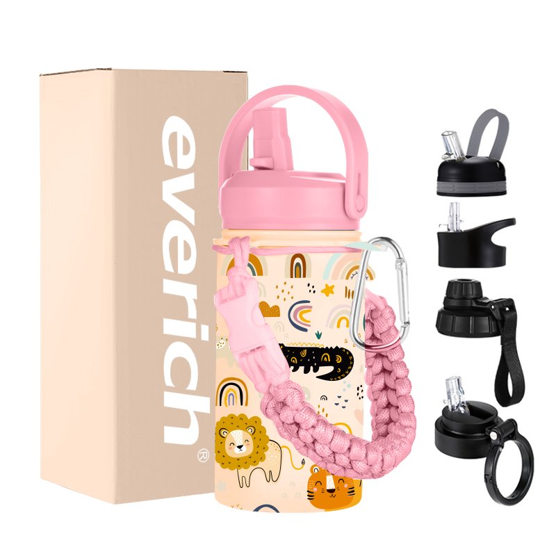 2024 Portable Cute Cartoon Pattern Vacuum 304 Stainless Steel School Kids Flasks With Carabiner Water Bottle Bag