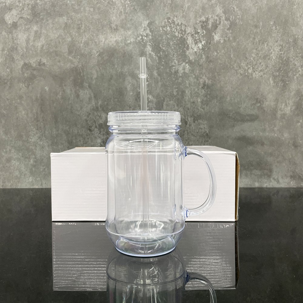 US warehouse 20oz clear snow globe plastic mason jar mugs with handle 20 oz transparent double wall glitter tumbler for vinyl