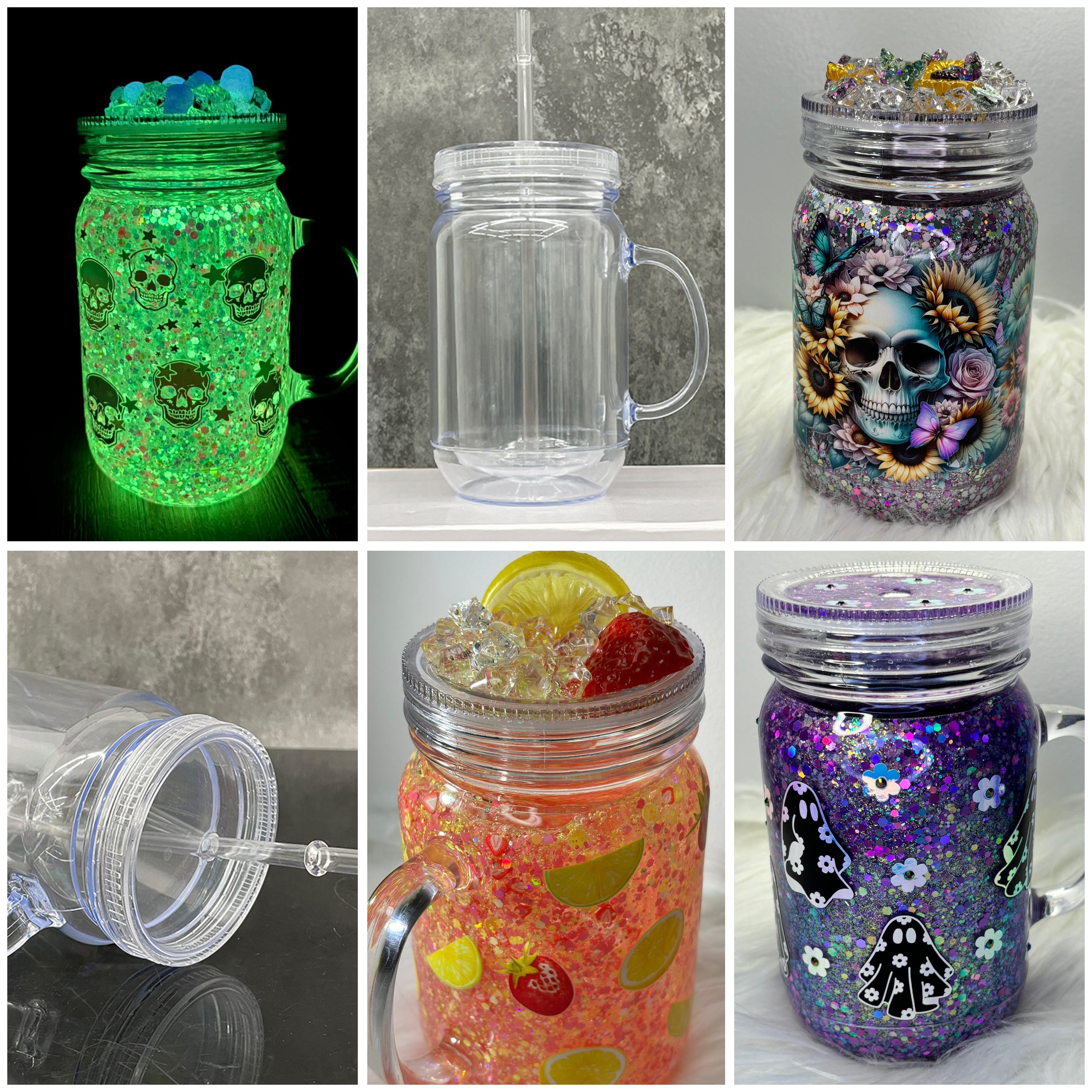 US warehouse 20oz clear snow globe plastic mason jar mugs with handle 20 oz transparent double wall glitter tumbler for vinyl