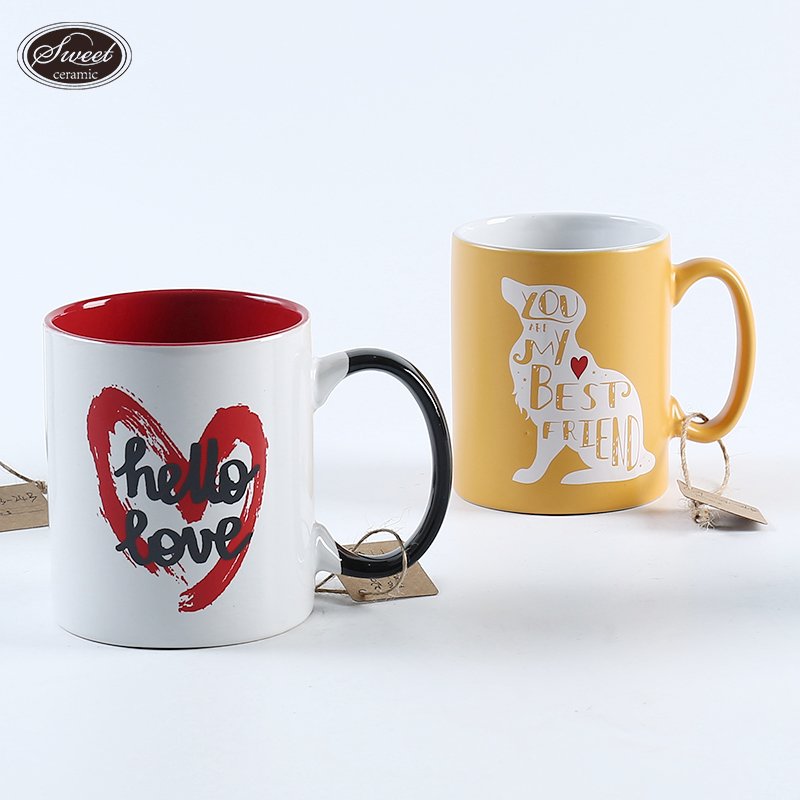 Mugs Wholesale 11oz Minimalist Porcelain Custom cute cat Mug with Color Inner Sublimation Ceramic Coffee Cup with Handle