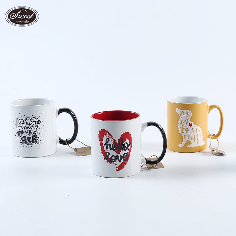 Mugs Wholesale 11oz Minimalist Porcelain Custom cute cat Mug with Color Inner Sublimation Ceramic Coffee Cup with Handle