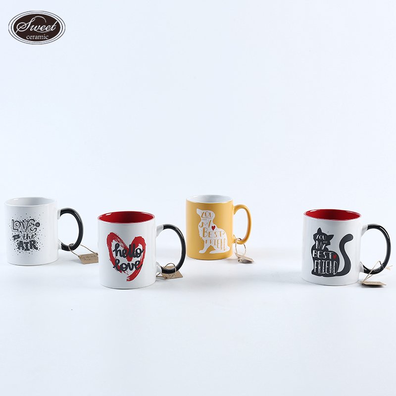 Mugs Wholesale 11oz Minimalist Porcelain Custom cute cat Mug with Color Inner Sublimation Ceramic Coffee Cup with Handle