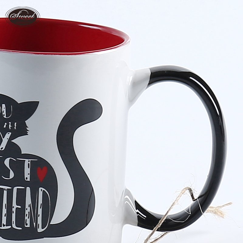 Mugs Wholesale 11oz Minimalist Porcelain Custom cute cat Mug with Color Inner Sublimation Ceramic Coffee Cup with Handle