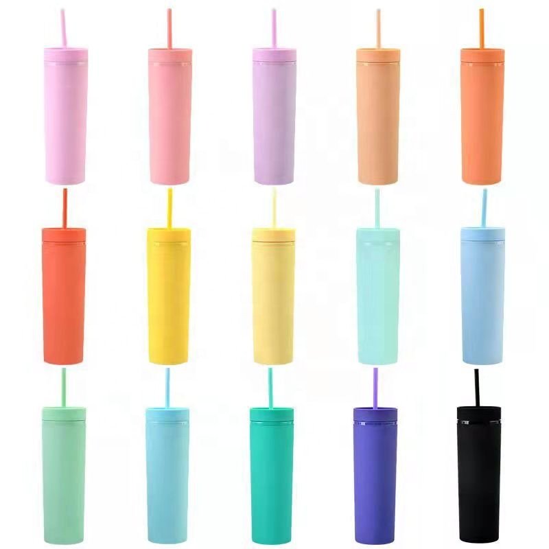 Custom Straight 16oz Skinny Acrylic Pastel Colored Cups Reusable Double Wall Plastic Matte Tumblers Mugs with Straw