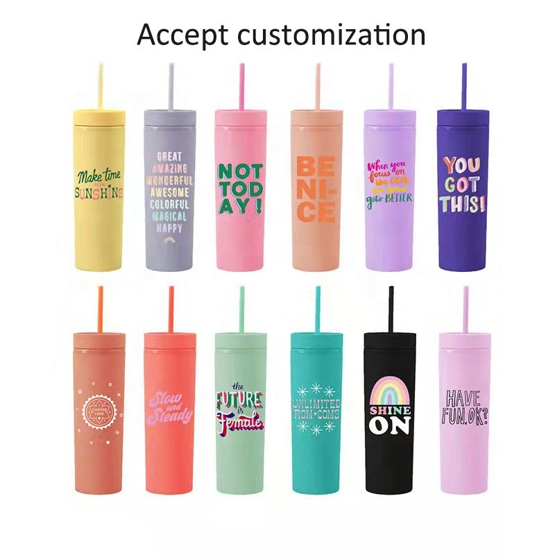 Custom Straight 16oz Skinny Acrylic Pastel Colored Cups Reusable Double Wall Plastic Matte Tumblers Mugs with Straw