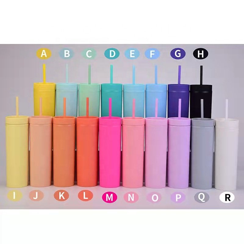 Custom Straight 16oz Skinny Acrylic Pastel Colored Cups Reusable Double Wall Plastic Matte Tumblers Mugs with Straw