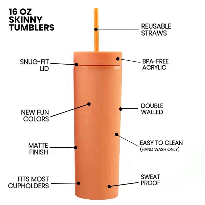 Custom Straight 16oz Skinny Acrylic Pastel Colored Cups Reusable Double Wall Plastic Matte Tumblers Mugs with Straw