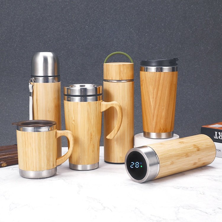 Bamboo Thermos Water Bottle Coffee Cup Stainless Steel Vacuum Flask Water Bottle Custom Logo Office Coffee Tea Cup Milk Tea Mug