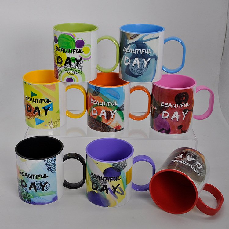 11oz Custom Printed Coffee Cup Blanks Sublimation Plastic Inner Color Mug With Handle