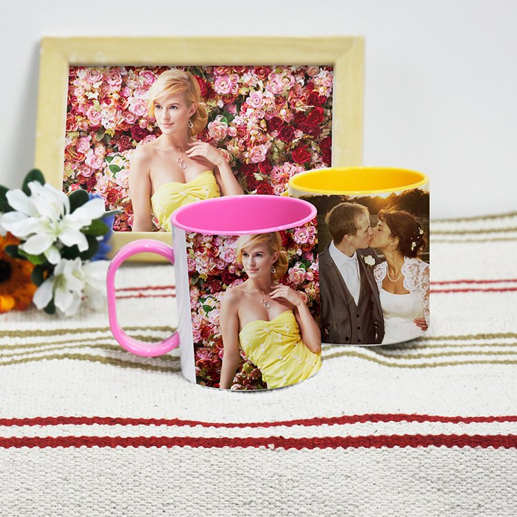 11oz Custom Printed Coffee Cup Blanks Sublimation Plastic Inner Color Mug With Handle