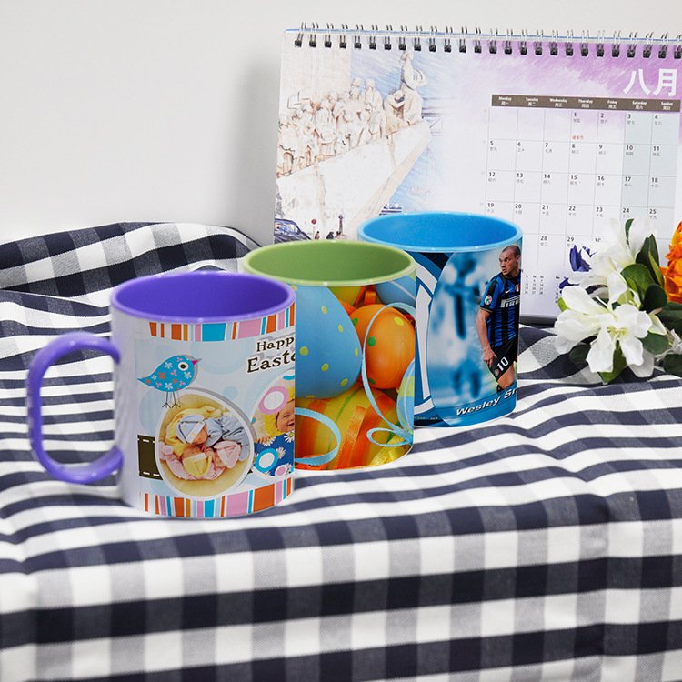 11oz Custom Printed Coffee Cup Blanks Sublimation Plastic Inner Color Mug With Handle