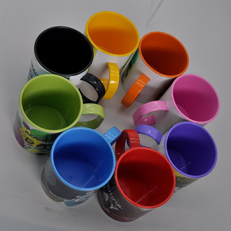 11oz Custom Printed Coffee Cup Blanks Sublimation Plastic Inner Color Mug With Handle