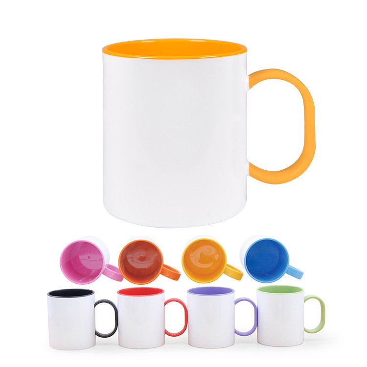 11oz Custom Printed Coffee Cup Blanks Sublimation Plastic Inner Color Mug With Handle