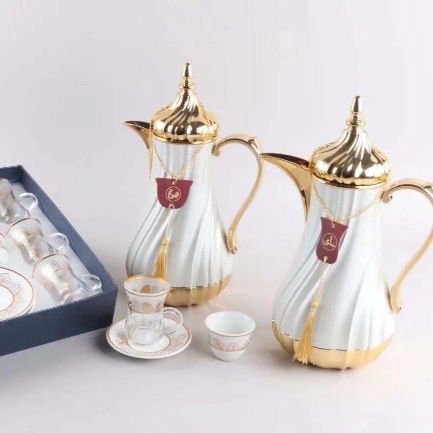 New Arrival fast shipment 1L+1L Luxury Dalllah Arabic Coffee Jug Set Pink Glass Refill Vacuum Flask Thermos Tea Pot sets