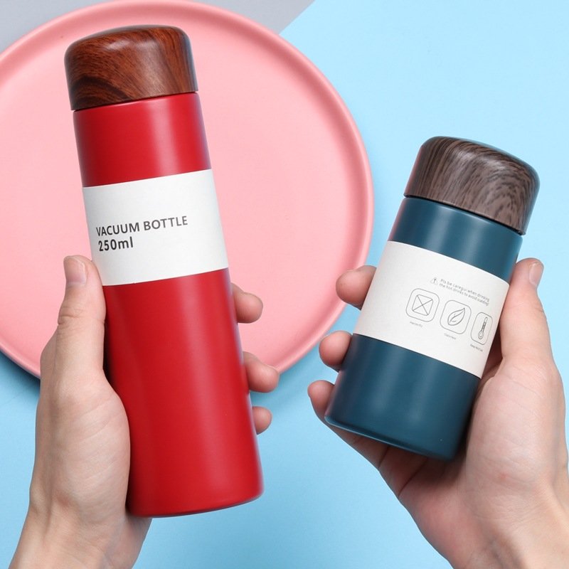 Mini Small Straight Cup Pocket New Cute Vacuum Insulation Thermo Wood Grain Lid Creative Thermo Flask