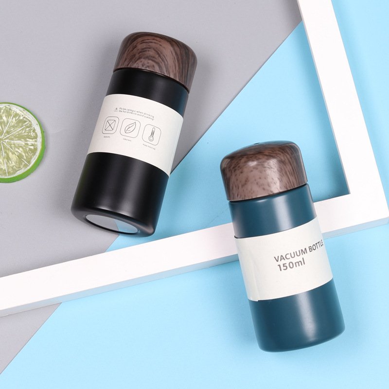 Mini Small Straight Cup Pocket New Cute Vacuum Insulation Thermo Wood Grain Lid Creative Thermo Flask