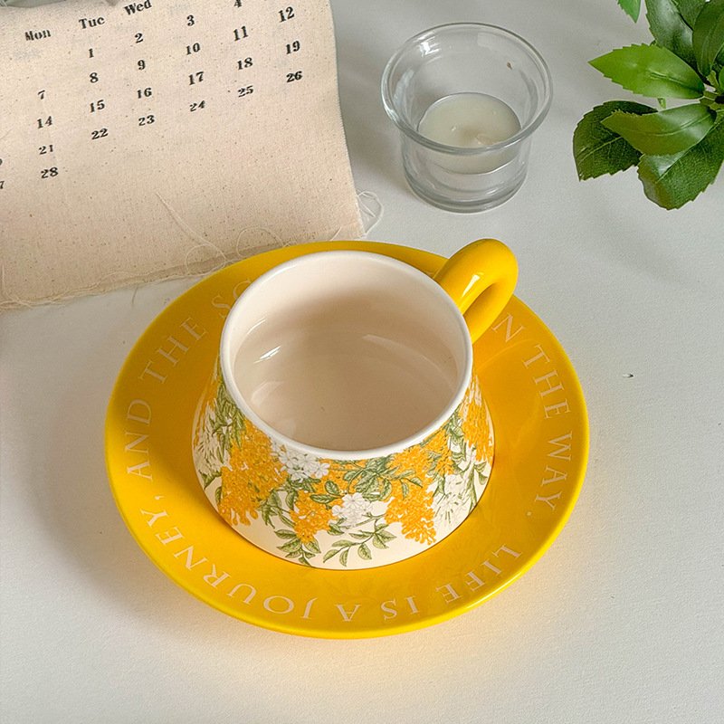Ins nordic yellow rattan flower ceramic coffee mug and saucer set light luxury flower mug
