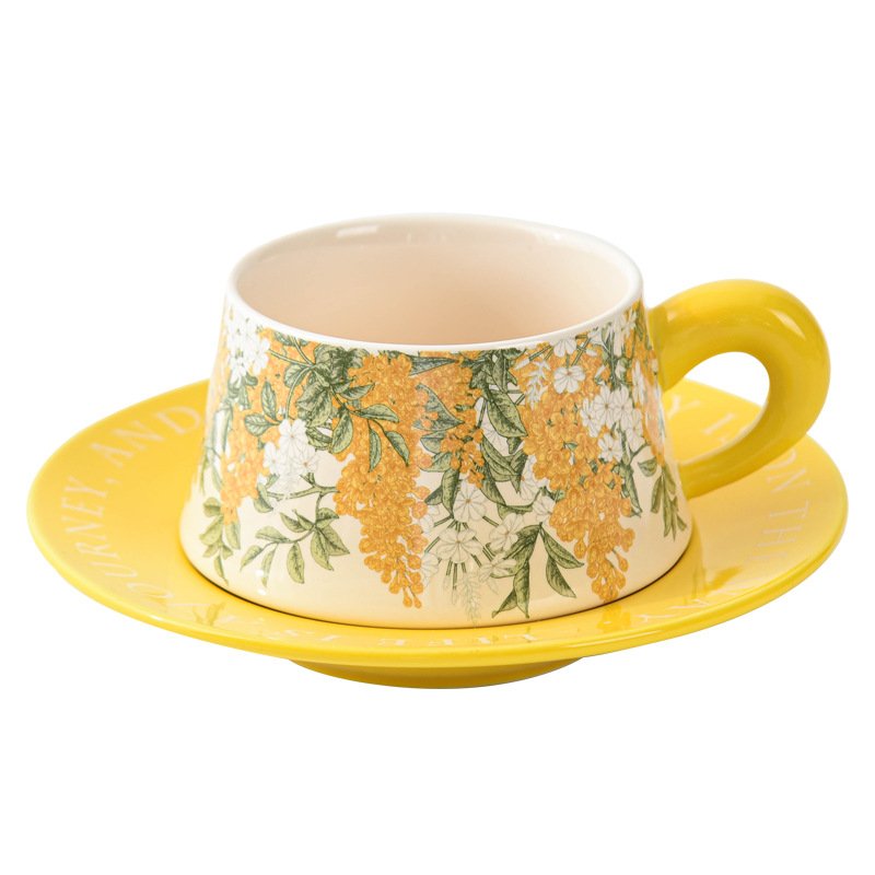 Ins nordic yellow rattan flower ceramic coffee mug and saucer set light luxury flower mug