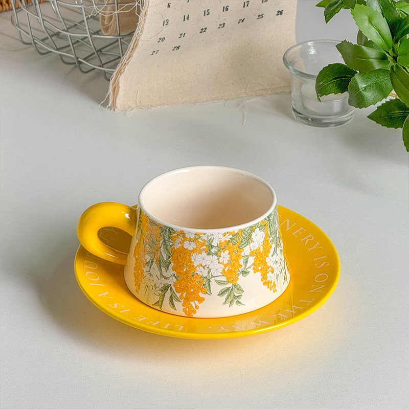 Ins nordic yellow rattan flower ceramic coffee mug and saucer set light luxury flower mug