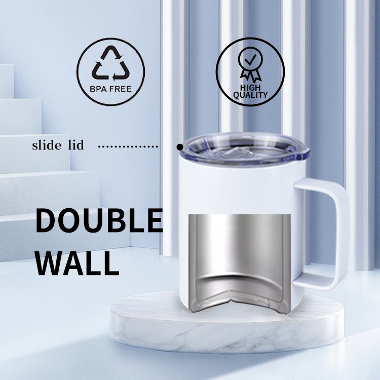 Custom Logo 12 oz 14 oz Powder Coated Insulated Stainless Steel Coffee Mugs Handle Double Wall Vacuum Tumbler Cup With Lid
