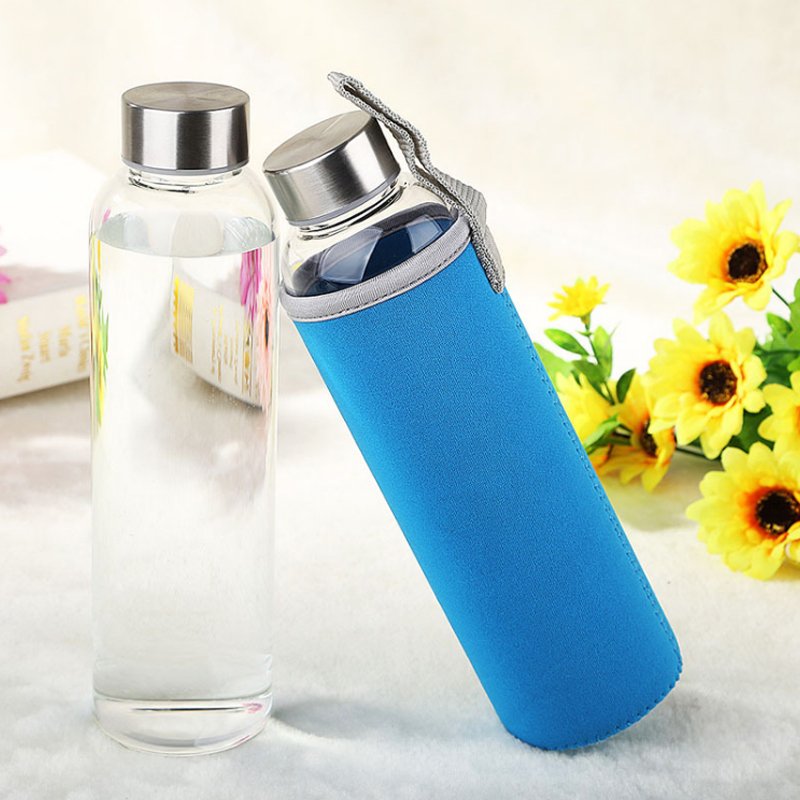 drinking glass water bottle with sleeve and stainless steel lid for juice, tea, beverages