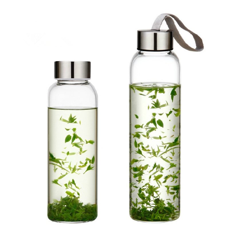 drinking glass water bottle with sleeve and stainless steel lid for juice, tea, beverages