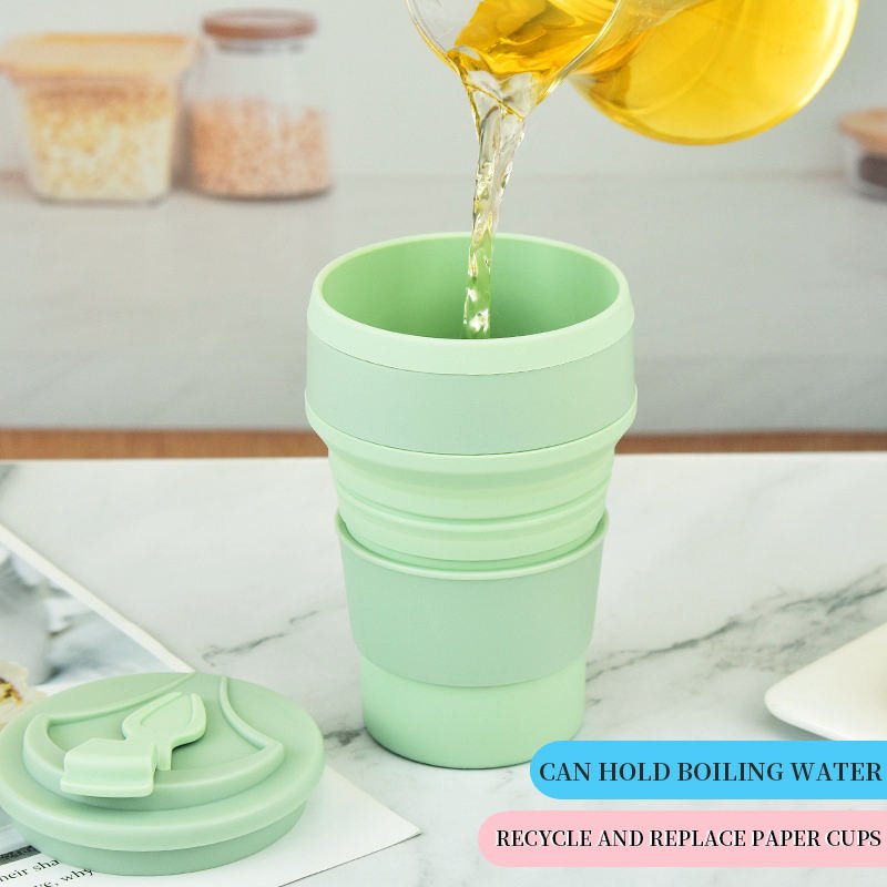 wholesale baby silicone drinking cup 350ml foldable water bottle reusable coffee silicone cup with lid foldable silicone cup